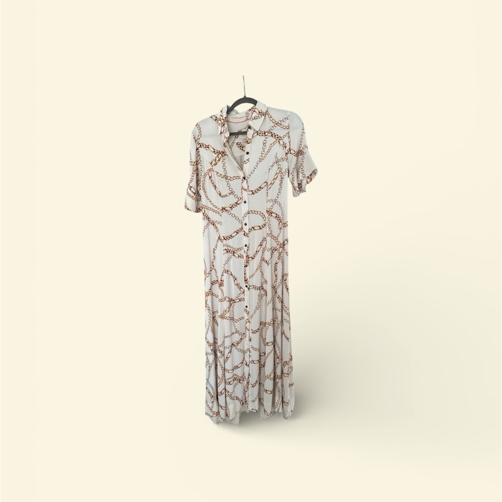 Anthropologie White Maxi Dress with Brown Chain Print